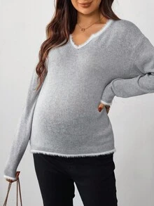 SHEIN Maternity Sweater With Fringe Trim On Neckline And Cuffs, Long Sleeve - Grey - View 3