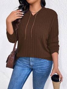 Plus Size Women's Casual Solid Color Ribbed Sweatshirt Fall - Coffee Brown - View 5