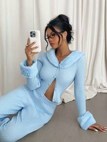 SHEIN EZwear 女式蓝色毛领拼布修身毛衣套装，秋冬 - 藍色 - 查看 6