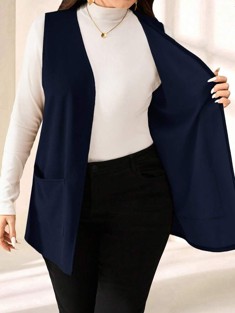 Plus Size Solid Color Sleeveless Loose Pocket Simple Casual Jacket,Spring/Summer,Summer,Vacation Woman / Vacation In Fall/Winter