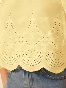 Women's Vacation Casual Water-Soluble Lace Hollow, Shoulder Ruched Cropped Top - Yellow - View 4