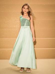 Váy thanh lịch cho bé gái tuổi teen, váy dài hở vai màu xanh lá cây, thích hợp cho tiệc tối, tiệc tùng, ngày lễ, đám cưới, phù dâu, vũ hội, Giáng sinh, Halloween và các dịp khác - màu xanh lá - Xem 5