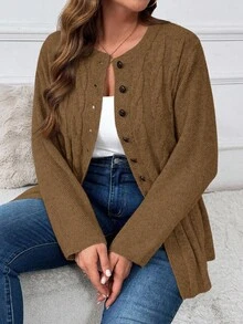 Plus Size Women Cable Pattern Long Sleeve Casual Knit Cardigan, Autumn/Winter - Camel - View 3