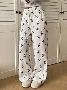 CovetEZ 女士休闲鹿纹弹力腰阔腿裤 - 米色 - 查看 6