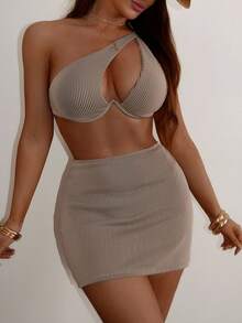 Swim SXY 夏日沙灘剪裁露腰內墊式比基尼 + 沙灘裙套裝 - 卡其色 - 查看 2