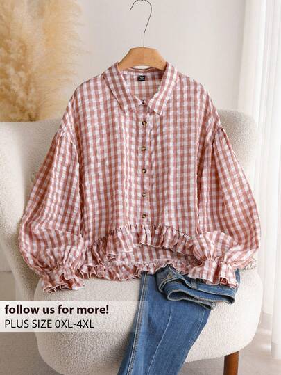 CosyJoli 大码女式时尚休闲格子印花纽扣衬衫