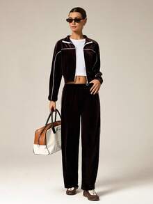 Hanevo Contrast Color Velvet Sporty Casual Tracksuit - Coffee Brown - View 7