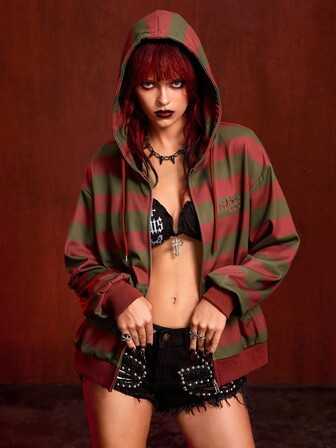 A Nightmare on Elm Street X ROMWE Women's Casual Striped Zip-Up Drawstring Hooded Sweatshirt, Autumn