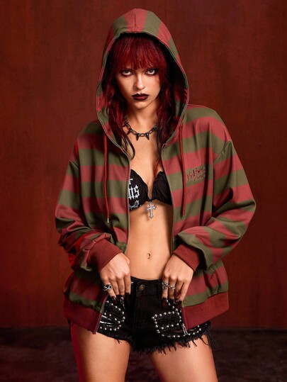 A Nightmare on Elm Street X ROMWE Women's Casual Striped Zip-Up Drawstring Hooded Sweatshirt, Autumn