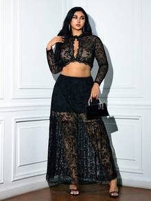 Viva Relle Plus Size Women Lace Bra Top, Sexy Lace Skirt, Sheer Fitted Black Solid 2 Pieces Set, Suitable For Daily Wear, Party/Nightclub Outfit - Black - View 2