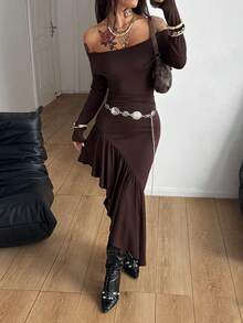 Coolane 女士秋冬Y2K复古日常休闲弹力棕色抹胸露肩长裙 - 棕色 - 查看 2