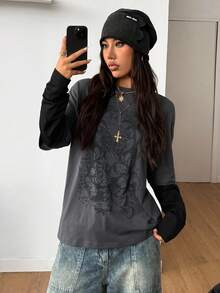 Coolane 女式冬季/秋季街头休闲嬉皮学院风垃圾摇滚朋克哥特棉质图案超大长袖 T 恤 - 深灰色 - 查看 6