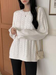 DAZY 女士圆领套头毛衣，柔软蓬松，宽松露背系带设计，秋冬度假必备 - 白色 - 查看 4