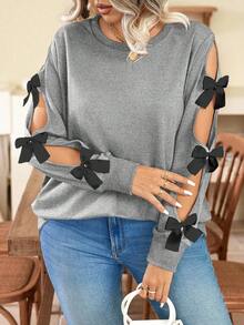 SHEIN Clasi Plus Size Crew Neck Fashion Bow Decor Hollow Out Long Sleeve Casual Sweatshirt, Pullover Fall Winter Autumn - Grey - View 4