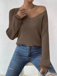 EMERY ROSE Women's Casual Solid Color V-Neck Raglan Sleeve Sweater, Autumn/Winter - Coffee Brown - View 4
