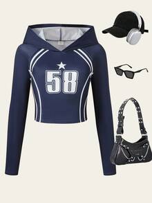 1pc Casual Slim Fit Numeric Print T-Shirt For Teen Girl Minimalist College Style Fall Winter - Blue - View 3
