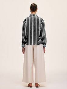 Chiquease 蓝白配色，舒适通勤休闲日常穿搭，春夏条纹衬衫女款条纹衬衫条纹上衣 - 黑色 - 查看 2