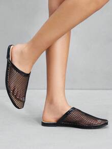 CUCCOO SZL 女士镂空透气设计尖头平底鞋，黑色网眼平底鞋，适合日常穿着和居家 - 黑色 - 查看 8