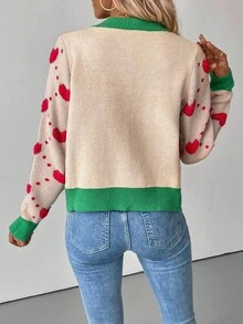 EMERY ROSE Jacquard Heart Pattern Loose Knit Cardigan, Autumn/Winter Fall Cloth For Women