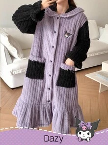 HELLO KITTY AND FRIENDS | SHEIN DAZY 女士加厚抓绒卡通图案刺绣撞色荷叶边连帽长款宽松睡袍，冬季蓬松睡衣 - 紫色 - 查看 7