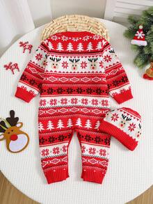 SHEIN 2pcs Baby Boy Red Thick Deer & Snowflake Pattern Loose Knit Jumpsuit With Jacquard Hat, Suitable For Christmas - Red - View 6