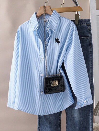 1 pieza Camisa de manga larga con cuello y botones a rayas con gráfico bordado para niñas, top casual para otoño