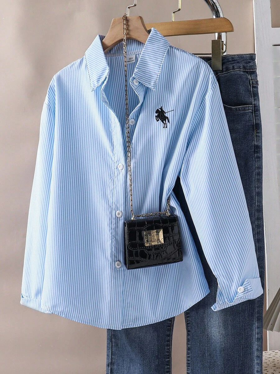 Sparklyn 1pc Girls Collared Long Sleeve Button-Up Striped Shirt With Embroidered Graphic, Casual Top For Autumn Fall Winter
