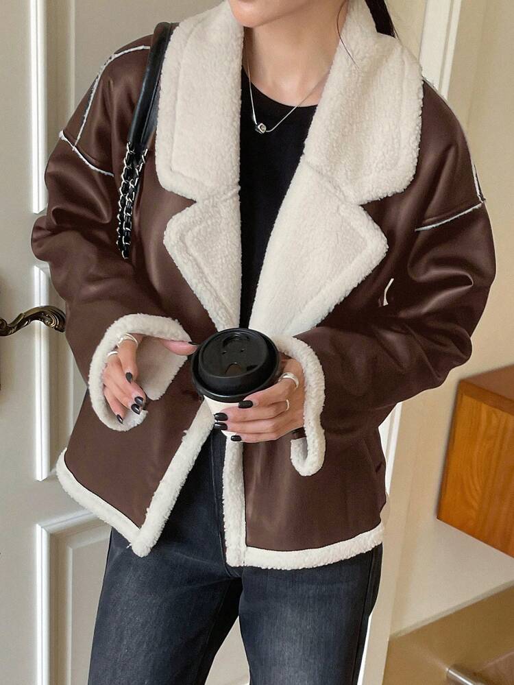 Women's Casual Contrast Color Faux Shearling Jacket, Autumn/Winter Leather Jacket Women Coats