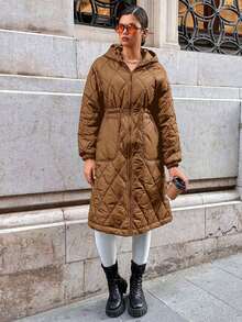 EURMUSE Áo khoác mùa đông màu trơn dài tay có khóa kéo phía trước, dây rút ở eo dành cho nữ - Màu nâu Sô-cô-la - Xem 3