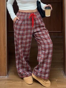 Dazy Plus Plus Size Women's Elastic Waist Drawstring Loose Straight Plaid Long Pants, Suitable For Christmas, New Year And All Seasons Fall - Red - View 6