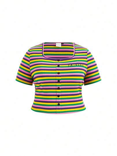 FRIENDS X SHEIN Plus Size Vintage Casual Fashion Striped "Friends" Embroidered Square Neck Slim Fit T-Shirt