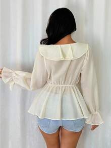 DAZY Áo kiểu nữ thanh lịch màu trơn, tay dài, xếp ly, ôm dáng, thích hợp cho mùa thu và kỳ nghỉ. - Màu vàng - Xem 7