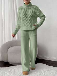 SHEIN Cottnline 2pcs Set: Cable Knit Turtleneck Long Sleeve Top And Solid Color Pants - Mint Green - View 4