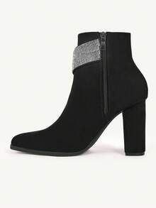 CUCCOO CHICEST Botas de tobillo con tacón grueso de strass para mujer, nuevas botas de vestir de terciopelo para otoño/invierno - Negro - Ver 9