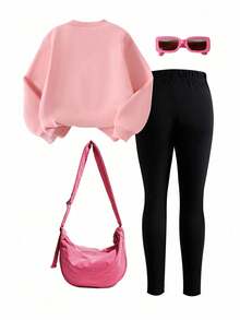 Bộ quần áo cho bé gái gồm áo nỉ cổ tròn lông xù màu tím và quần legging, phong cách trẻ trung, phù hợp đi học, mùa thu, mầm non, sinh nhật, cho bé - Hồng - Xem 2