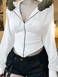 INAWLY Women's Casual Cinched Waist Faux Fur Collar Hooded Jacket, Spring/Autumn