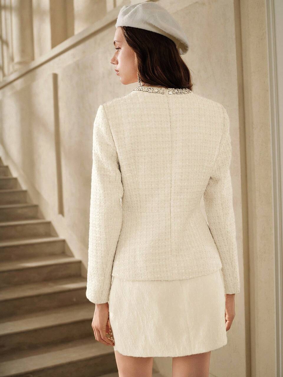 Elegant Bowknot Rhinestone Shiny Apricot Short Jacket, French New Year Style