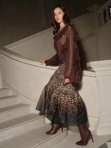 Anewsta Falda de sirena elegante con estampado de leopardo degradado y adornos de strass, para uso en fiestas - Óxido marrón - Ver 6