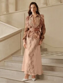 SHEIN Unity 女士水钻装饰衬衫，时尚宽松修身上衣，适合秋季、秋季、冬季、外出、派对、优雅、正式、别致、新年、圣诞节、工作、毕业 - 咖啡棕 - 查看 4