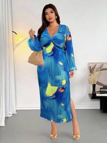 Firerie 大码优雅扎染印花扭花灯笼袖连衣裙 - 藍色 - 查看 6