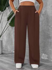 SHEIN PETITE CURVE Petite Plus Size Women's Solid Color Pleated Pants/Winter - Brown - View 5