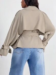 SHEIN PETITE CURVE 秋季大码女式纯色插肩袖翻领休闲风衣 - 卡其色 - 查看 2