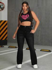 SHEIN EZwear Celana Jeans Flare Pinggang Tinggi Kasual Ukuran Besar/Musim Dingin - Hitam - View 3