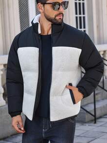 Manfinity CasualCool Men's Patchwork Sherpa Fleece Fabric Casual Loose Comfortable Sports Street Mature Stand Collar Padded Coat, Winter, Fall - Black and White - View 4