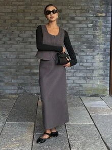 DAZY 2 piezas Conjunto casual y elegante de mujer con top ajustado de unicolor y falda recta con abertura en el bajo para otoño/invierno - Gris - Ver 5