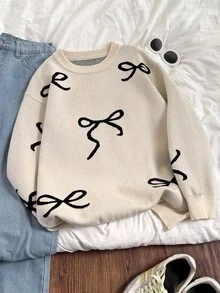 SHEIN 少女款宽松圆领蝴蝶结蝙蝠袖毛衣，休闲宽松版型，秋冬季 - 杏色 - 查看 6