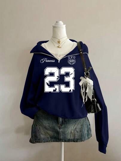 SHEIN EZwear 女式宽松高领半拉链卫衣，印有 23 号图案，海军蓝，适合秋冬季