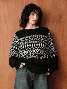 Zovinel Vintage Loose Fit Crew Neck Long Sleeve Contrast Color Diamond Jacquard Knit Pullover Sweater For Women, Autumn/Winter - Black - View 3
