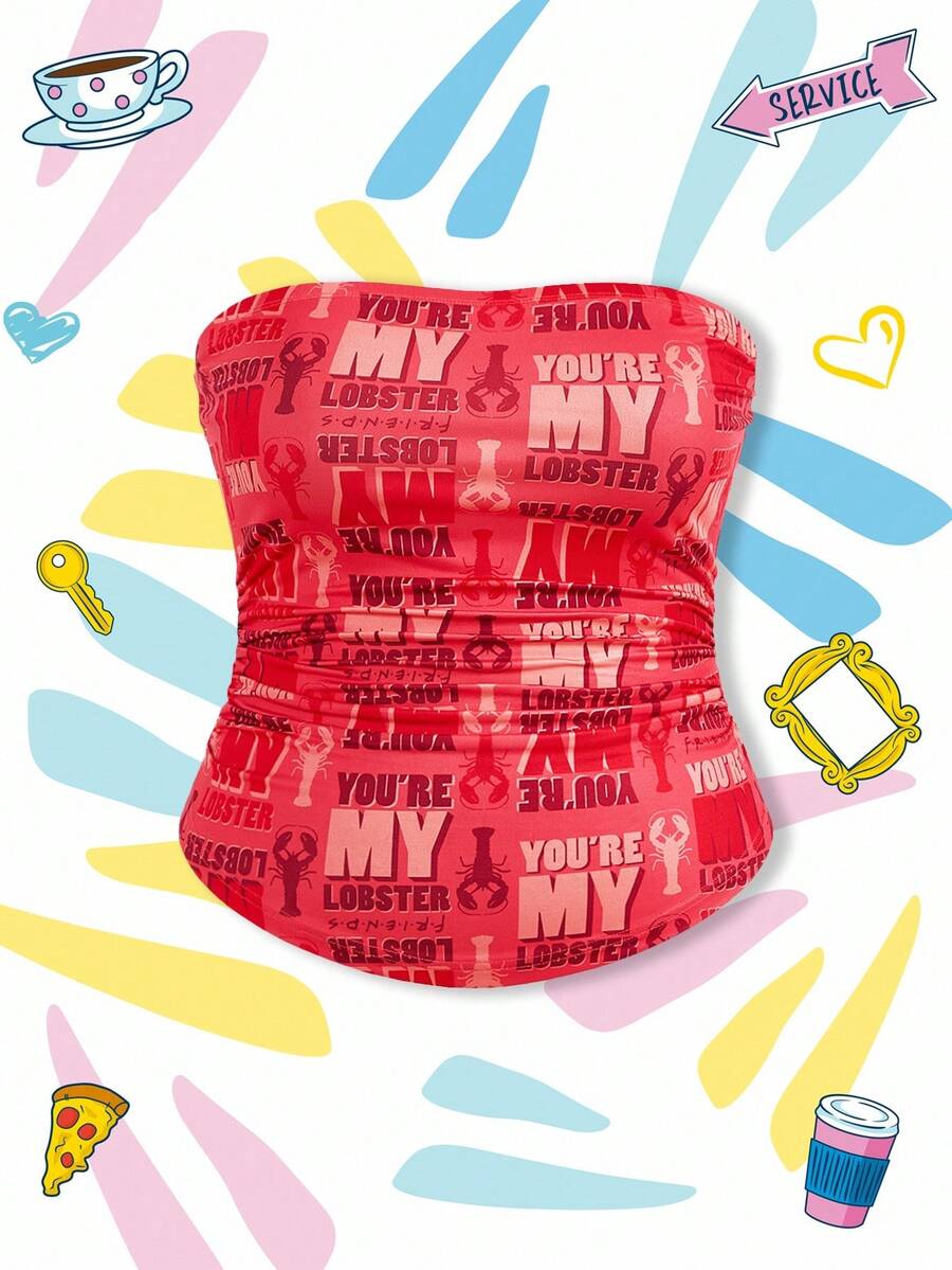 FRIENDS X SHEIN Plus Size Women Retro Red Shrimp Letter Graphic Ruched Side Slim Fit Tube Top - Red - View 1