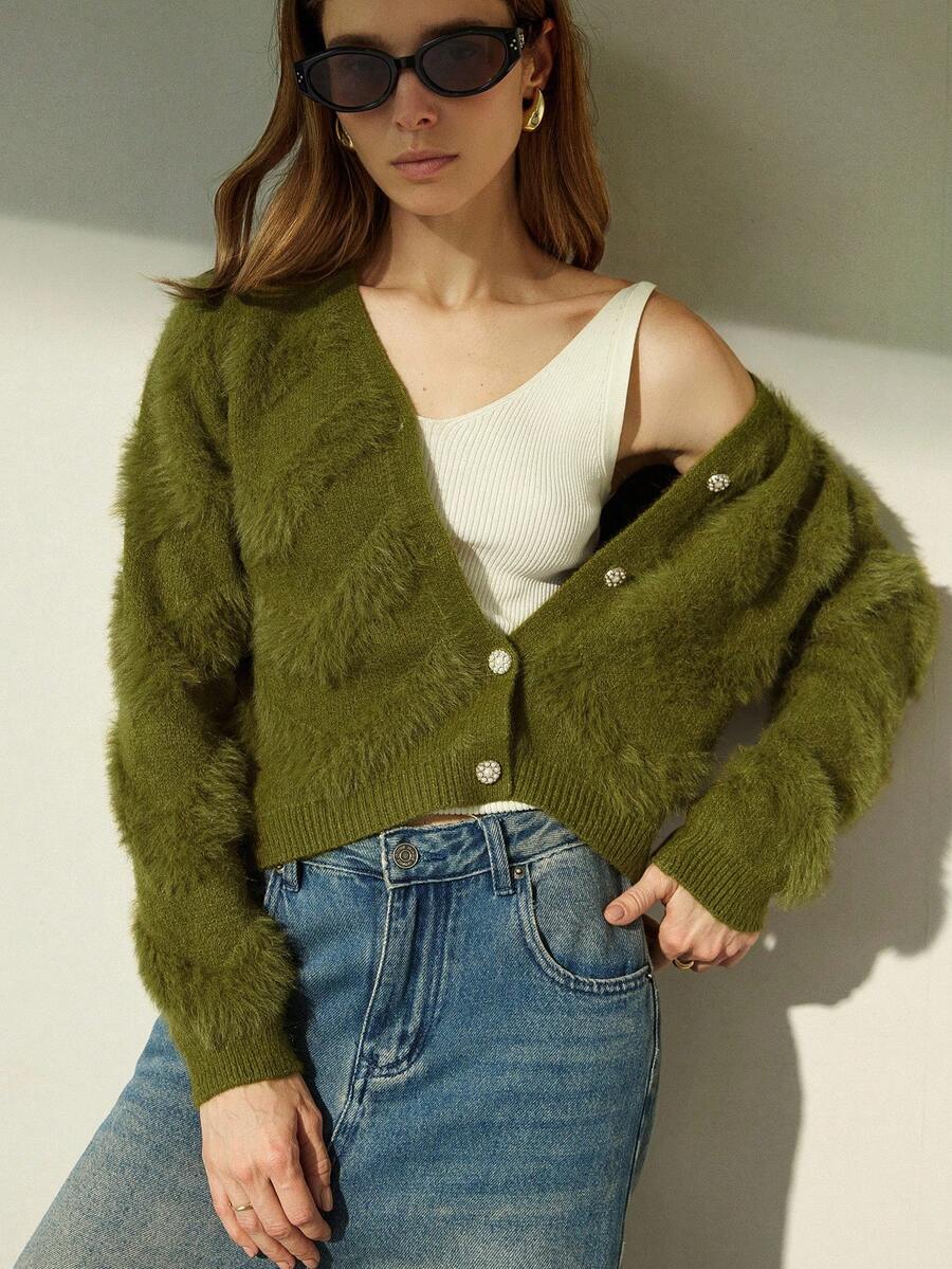 Aveloria Modichic Áo len cardigan cổ chữ V rộng rãi, mềm mại, sang trọng kiểu Pháp - xanh quân đội - Xem 1